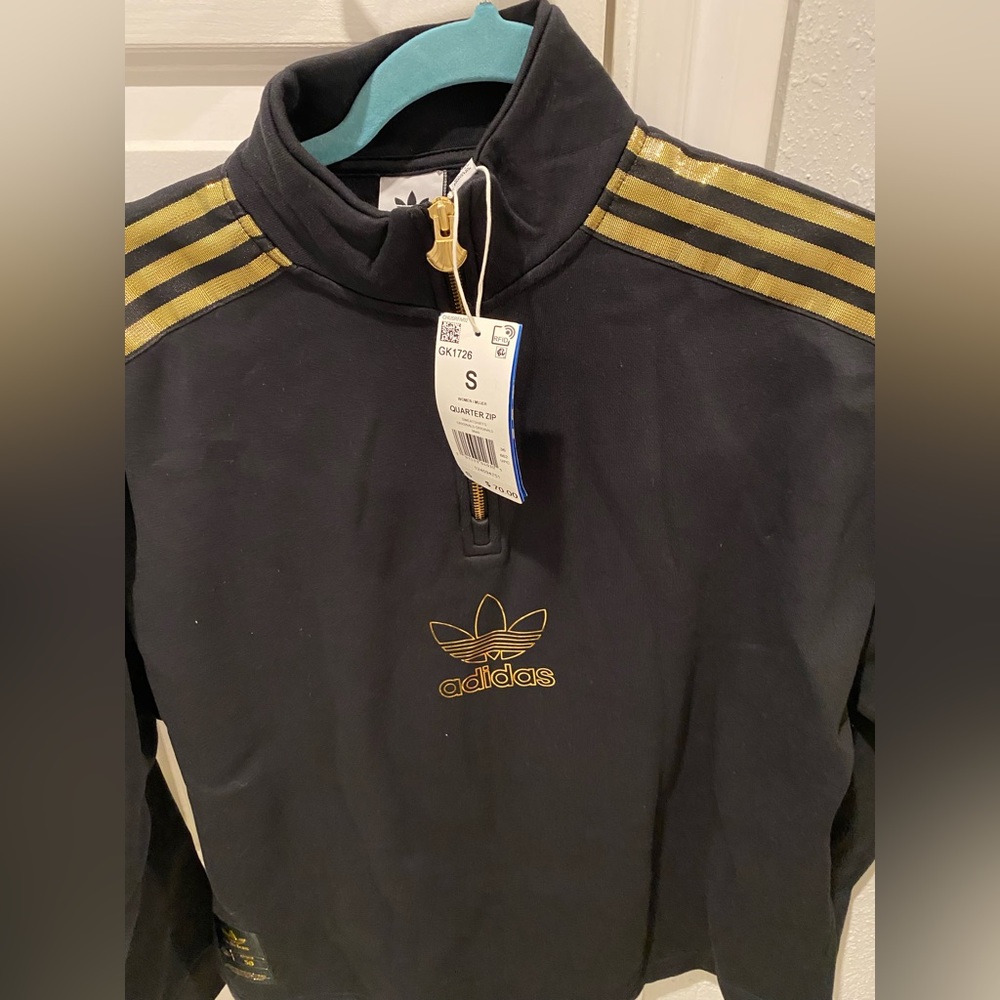 Adidas quarter zip with gold stripes